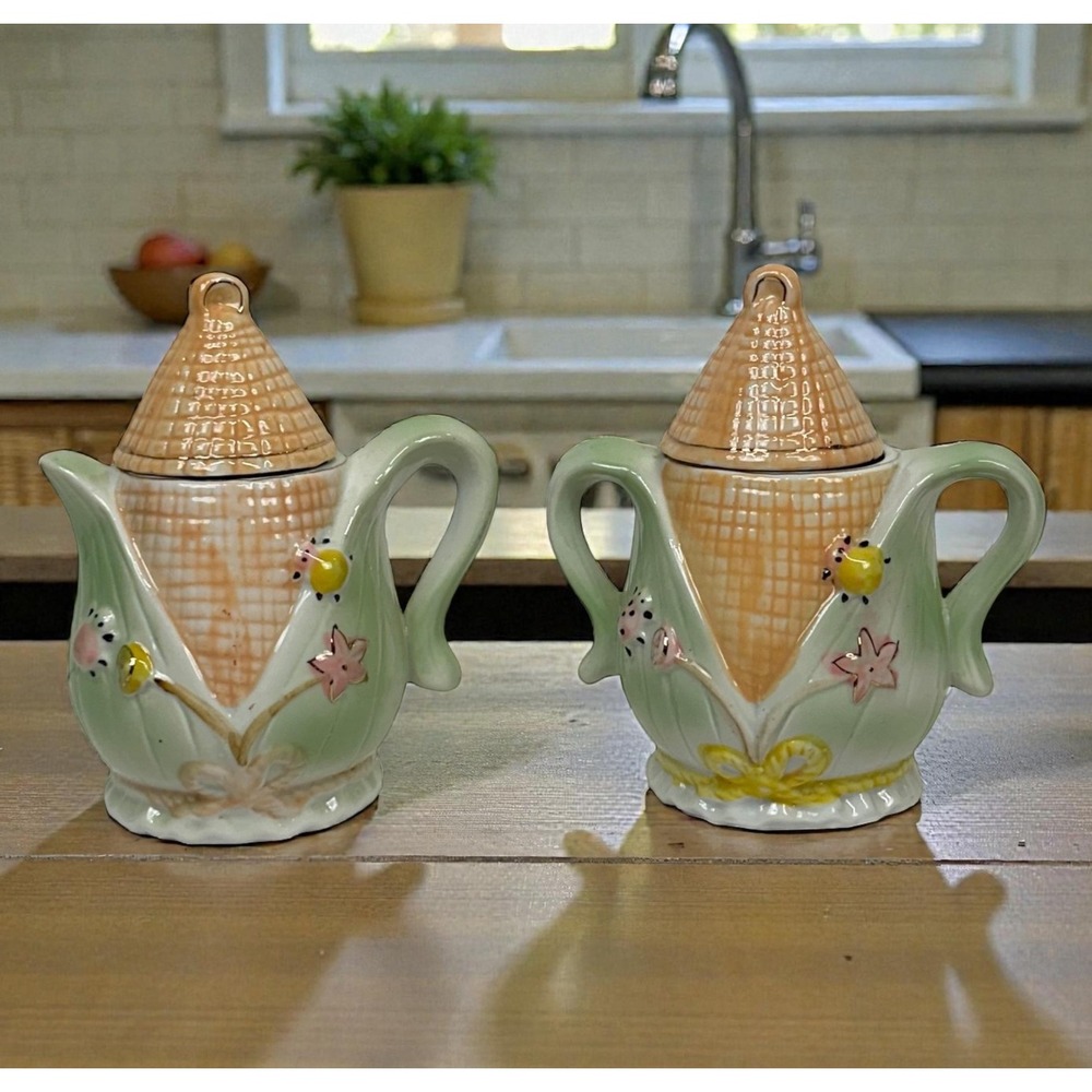 VTG Ceramic Corn Sugar Bowl Creamer Set Ladybug Farmhouse Kitchen 2 Pc Cute Pair